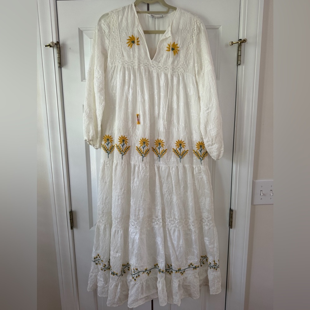Zara White Dress with Yellow Floral Embroidery